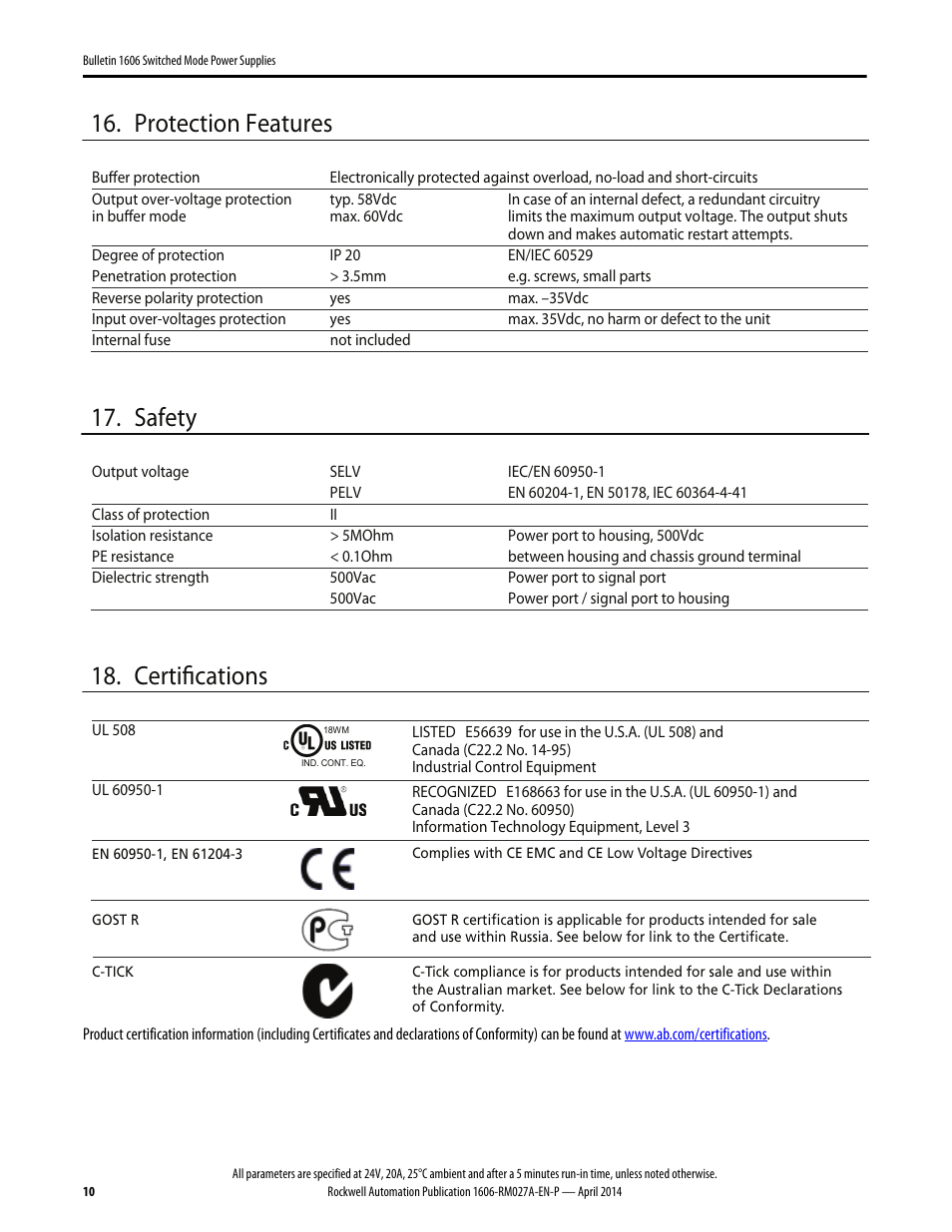 Protection features, Safety, Certifications | Rockwell Automation 1606-XLSBUFFER48 Power Supply Reference Manual User Manual | Page 10 / 14