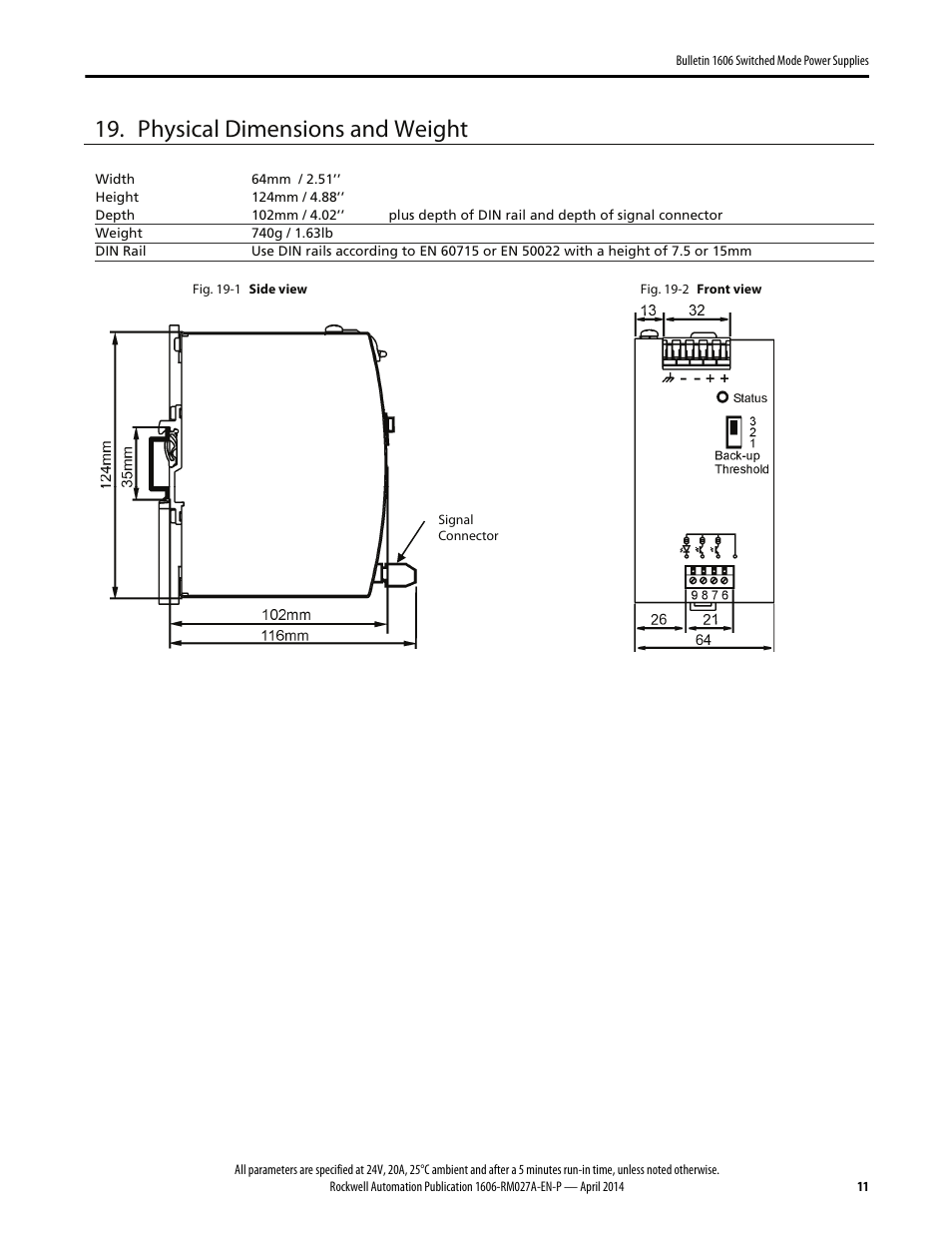 Physical dimensions and weight | Rockwell Automation 1606-XLSBUFFER48 Power Supply Reference Manual User Manual | Page 11 / 14