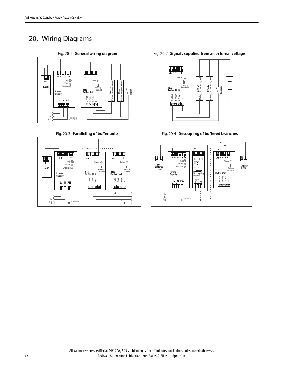 Wiring diagrams, Fig. 20-1 general wiring diagram, Fig. 20-3 paralleling of buffer units | Fig. 20-4 decoupling of buffered branches | Rockwell Automation 1606-XLSBUFFER48 Power Supply Reference Manual User Manual | Page 12 / 14