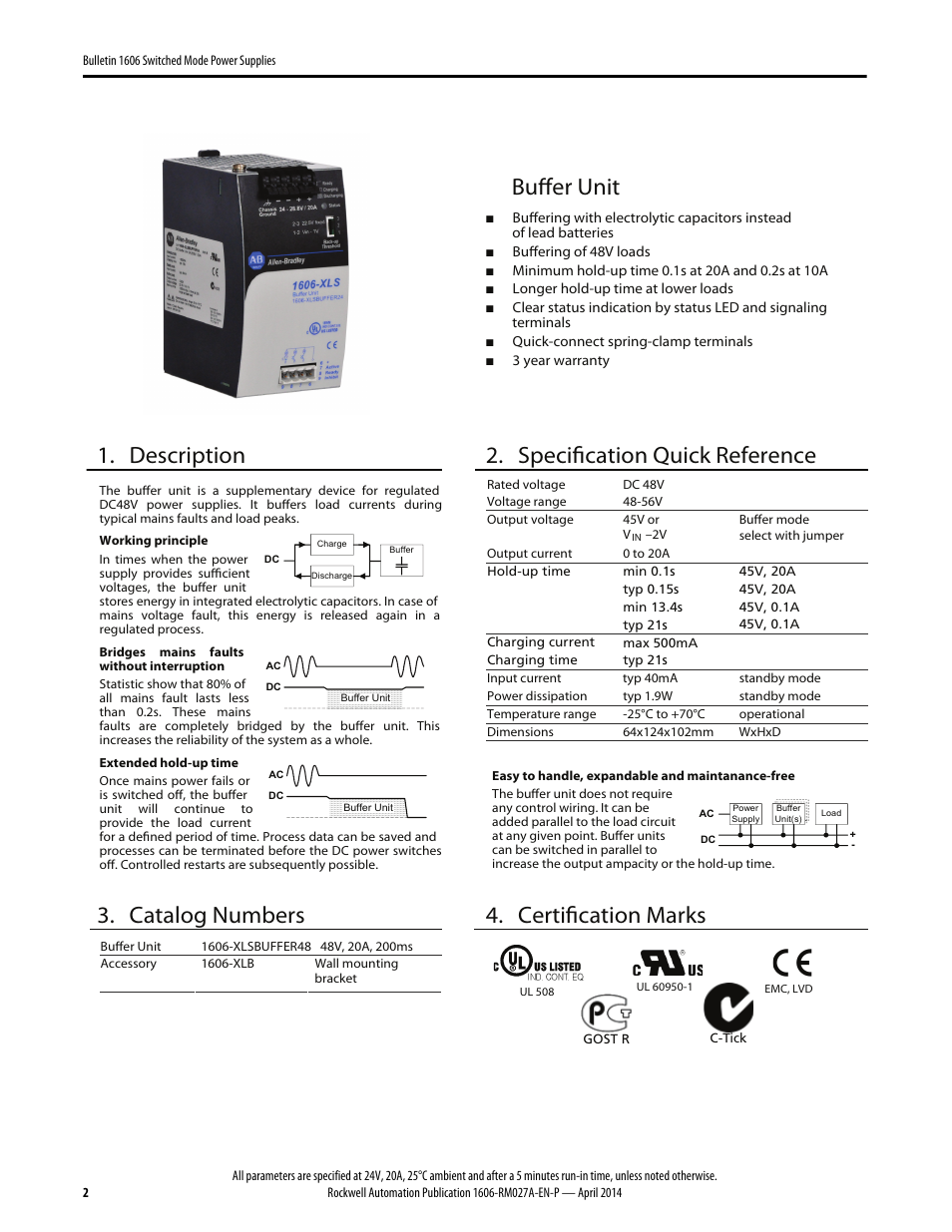 Buffer unit, Description, Specification quick reference | Catalog numbers, Certification marks | Rockwell Automation 1606-XLSBUFFER48 Power Supply Reference Manual User Manual | Page 2 / 14