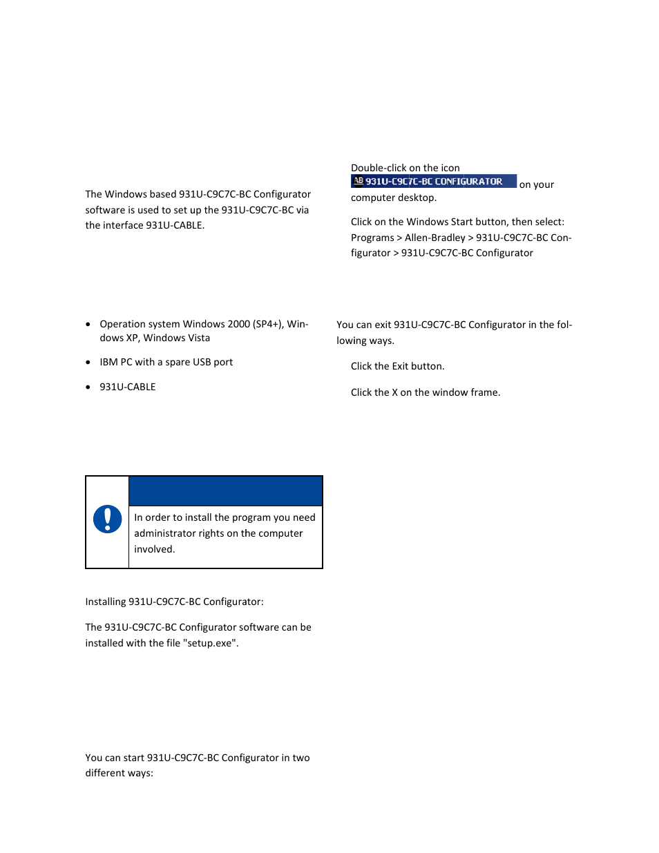 2 in, 3 s c, Descriptio | Nstallatio, Starting/e c9c7c-bc, Exiting 93 c config, 31u- gurator | Rockwell Automation 931U-C9C7C-BC Configurator Software User Manual | Page 30 / 54