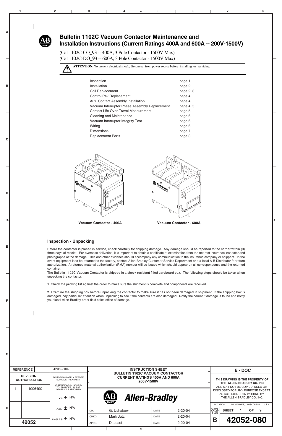 Rockwell Automation 1102C-COx93_DOx93 Vacuum Contactor (400A / 600A) User Manual | 8 pages