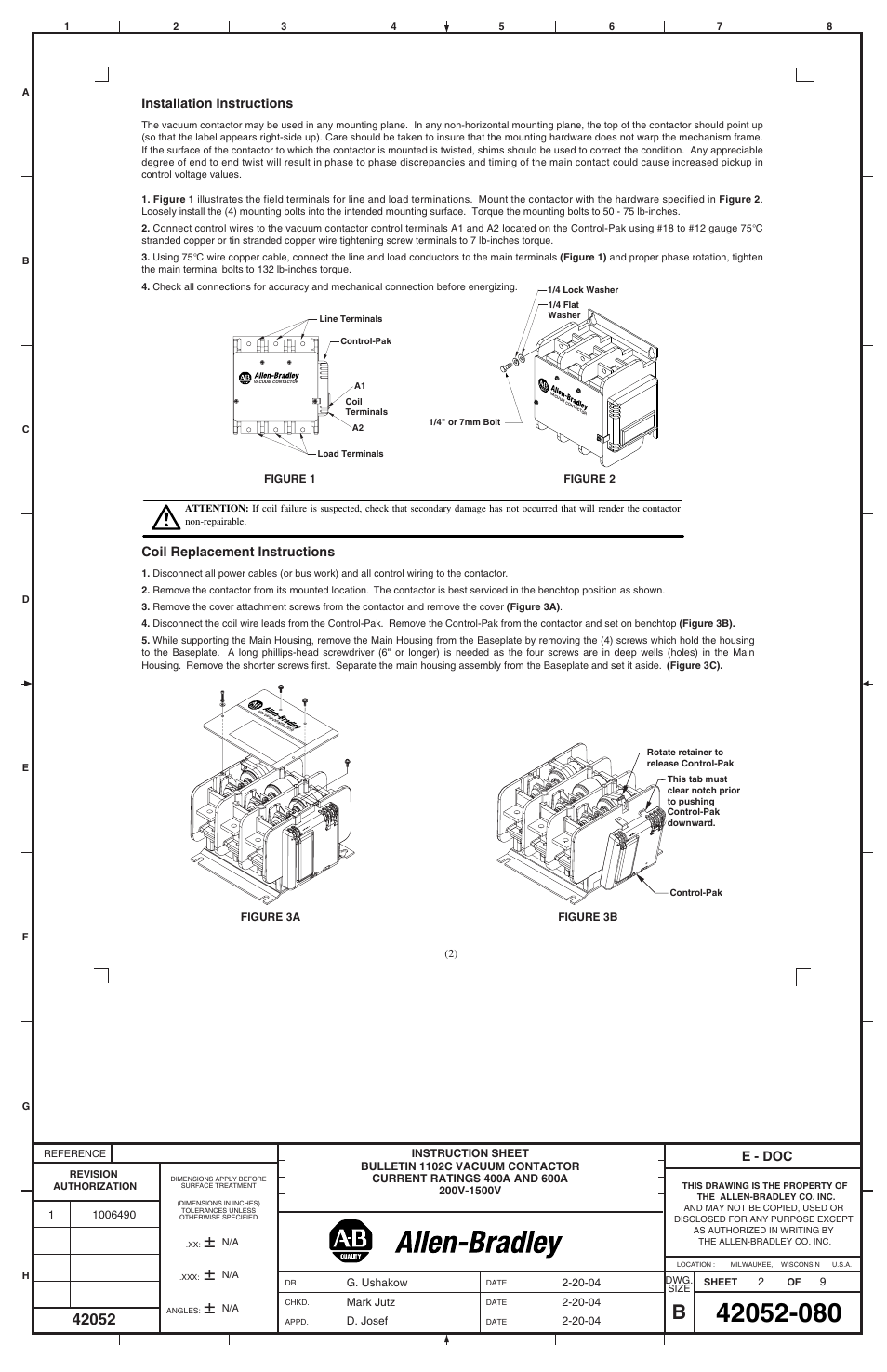 Coil replacement instructions, Installation instructions, E - doc | Rockwell Automation 1102C-COx93_DOx93 Vacuum Contactor (400A / 600A) User Manual | Page 2 / 8