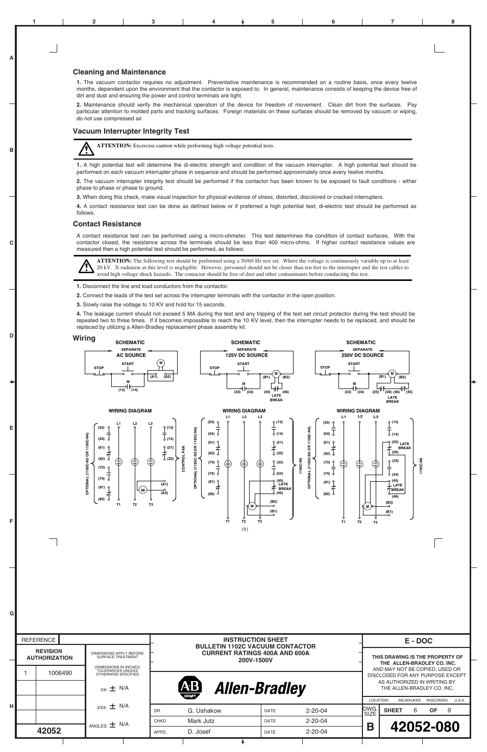 E - doc cleaning and maintenance, Contact resistance, Vacuum interrupter integrity test | Wiring, G. ushakow | Rockwell Automation 1102C-COx93_DOx93 Vacuum Contactor (400A / 600A) User Manual | Page 6 / 8