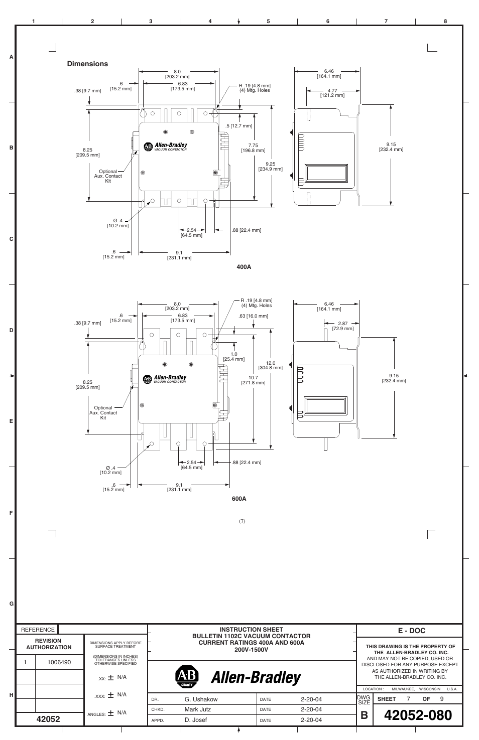 E - doc, Dimensions | Rockwell Automation 1102C-COx93_DOx93 Vacuum Contactor (400A / 600A) User Manual | Page 7 / 8