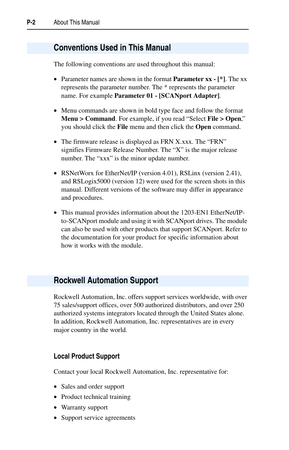 Conventions used in this manual, Rockwell automation support, Local product support | Rockwell Automation 1203-EN1 EtherNet/IP-to-SCANport Module User Manual | Page 10 / 186