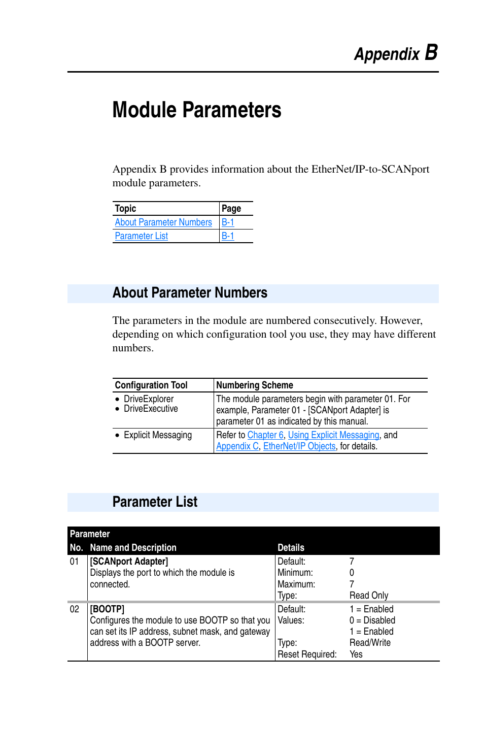 Appendix b, Module parameters, About parameter numbers | Parameter list, Meters, refer to, Bmodule parameters, Appendix | Rockwell Automation 1203-EN1 EtherNet/IP-to-SCANport Module User Manual | Page 101 / 186