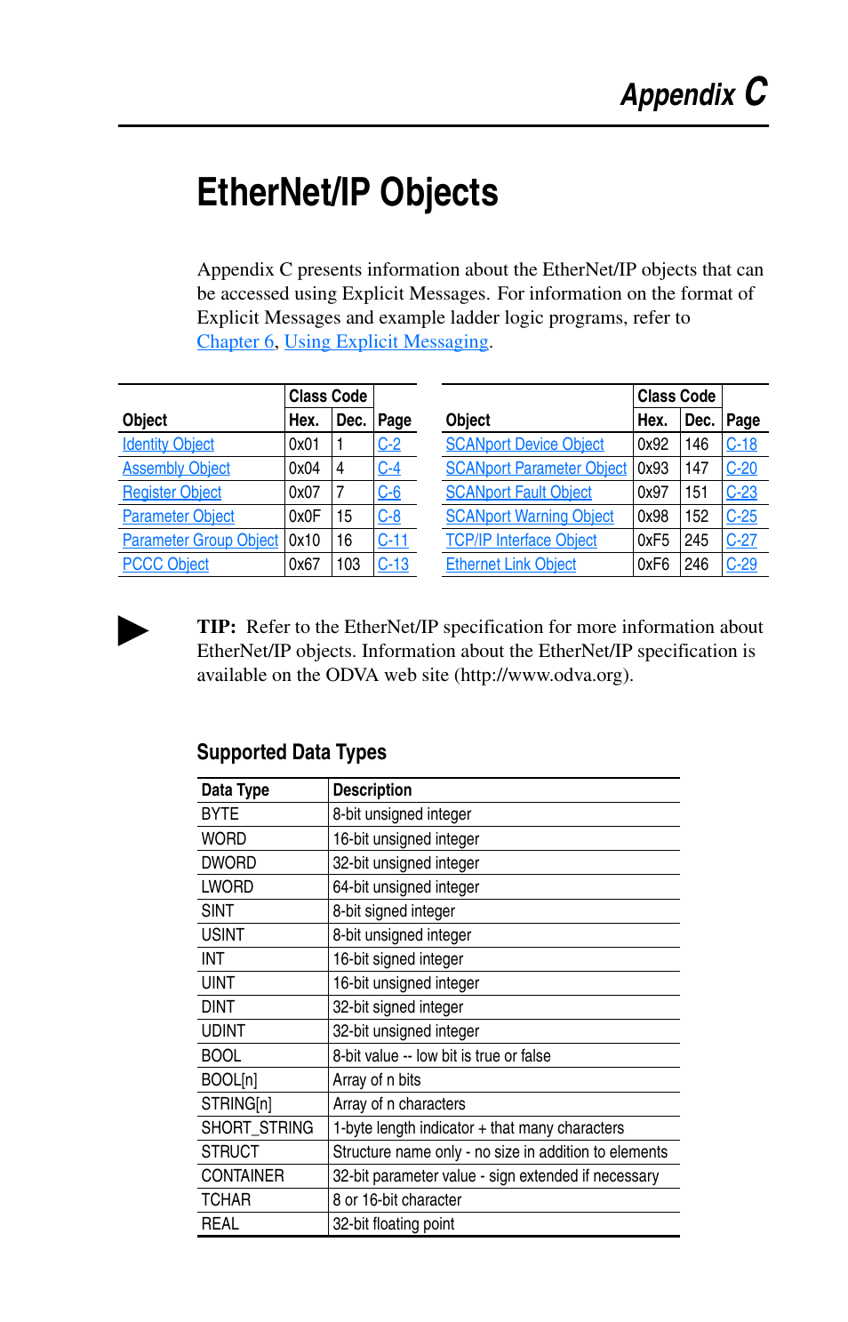 Appendix c, Ethernet/ip objects, Supported data types | Ethernet/ip, Objects, Cethernet/ip objects, Appendix | Rockwell Automation 1203-EN1 EtherNet/IP-to-SCANport Module User Manual | Page 111 / 186