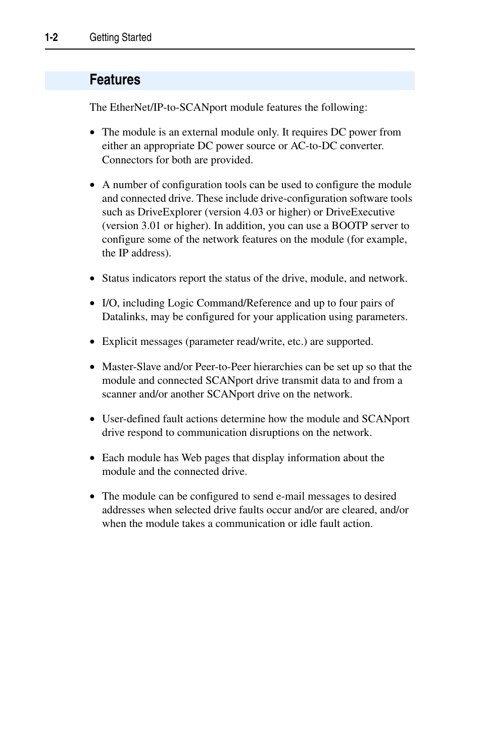 Features, Features -2 | Rockwell Automation 1203-EN1 EtherNet/IP-to-SCANport Module User Manual | Page 14 / 186