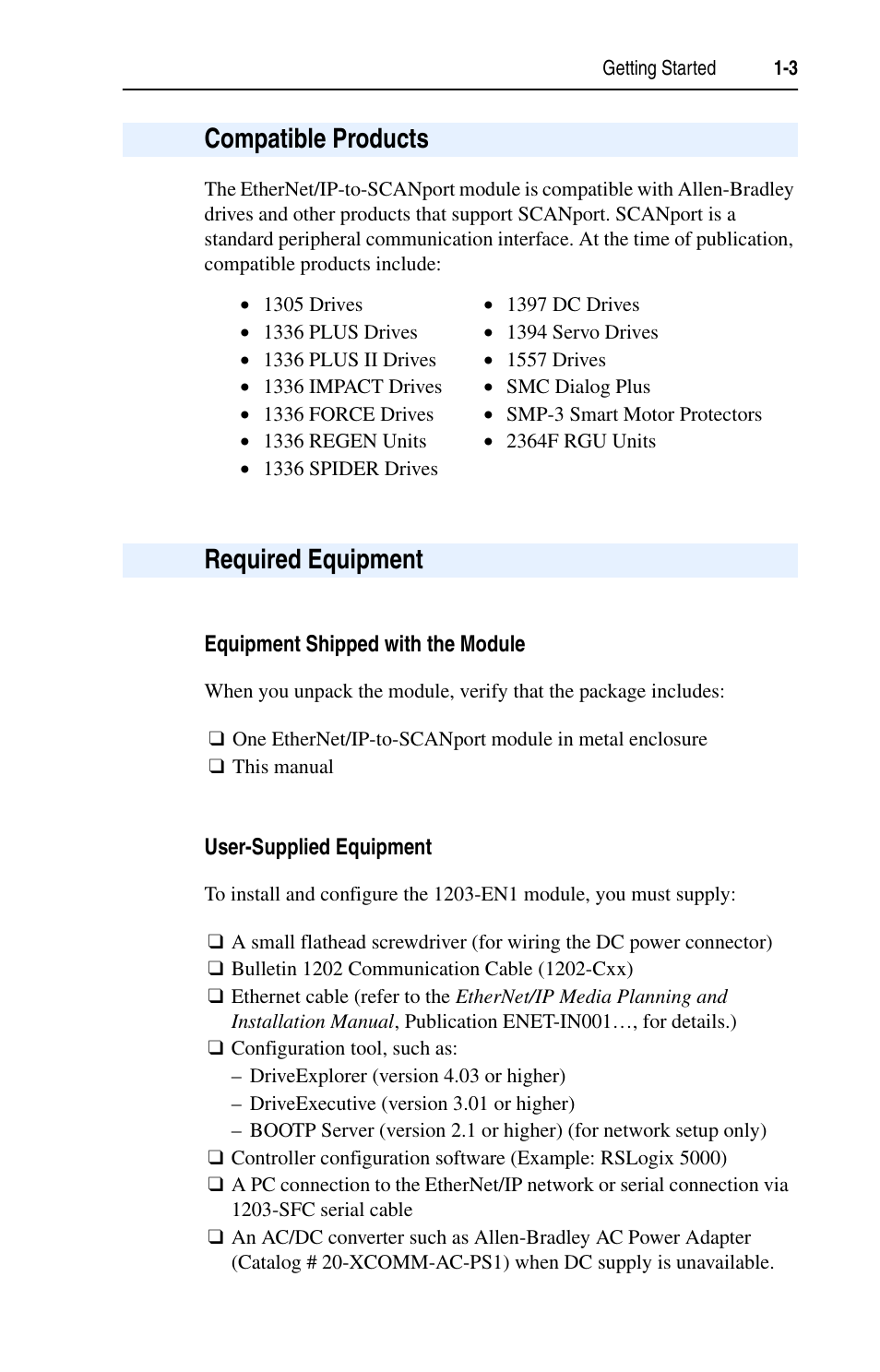 Compatible products, Required equipment, Equipment shipped with the module | User-supplied equipment, Compatible products -3 required equipment -3 | Rockwell Automation 1203-EN1 EtherNet/IP-to-SCANport Module User Manual | Page 15 / 186