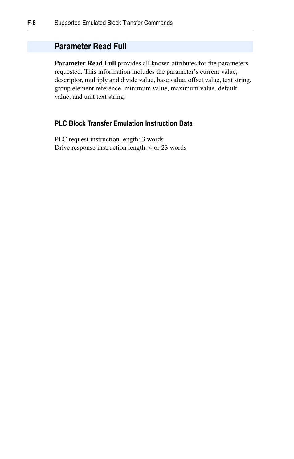 Parameter read full, Plc block transfer emulation instruction data | Rockwell Automation 1203-EN1 EtherNet/IP-to-SCANport Module User Manual | Page 150 / 186