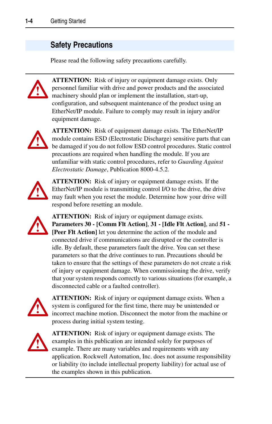 Safety precautions, Safety precautions -4 | Rockwell Automation 1203-EN1 EtherNet/IP-to-SCANport Module User Manual | Page 16 / 186