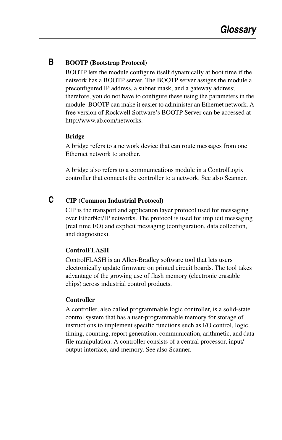 Glossary | Rockwell Automation 1203-EN1 EtherNet/IP-to-SCANport Module User Manual | Page 169 / 186