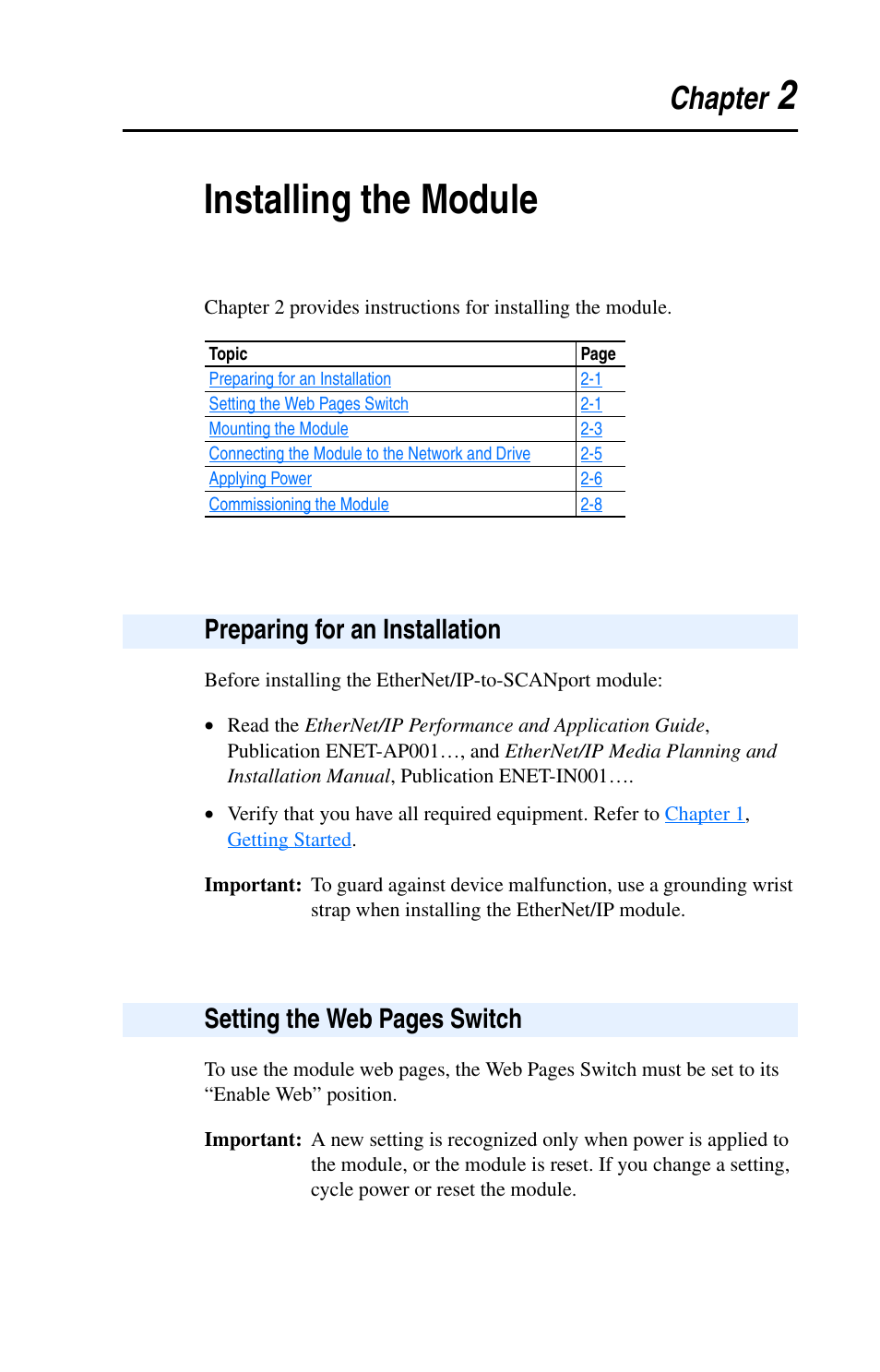 Chapter 2, Installing the module, Preparing for an installation | Setting the, 2installing the module, Chapter | Rockwell Automation 1203-EN1 EtherNet/IP-to-SCANport Module User Manual | Page 19 / 186