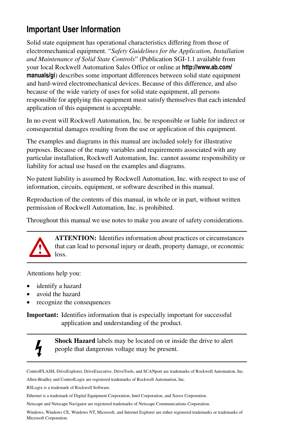 Important user information | Rockwell Automation 1203-EN1 EtherNet/IP-to-SCANport Module User Manual | Page 2 / 186