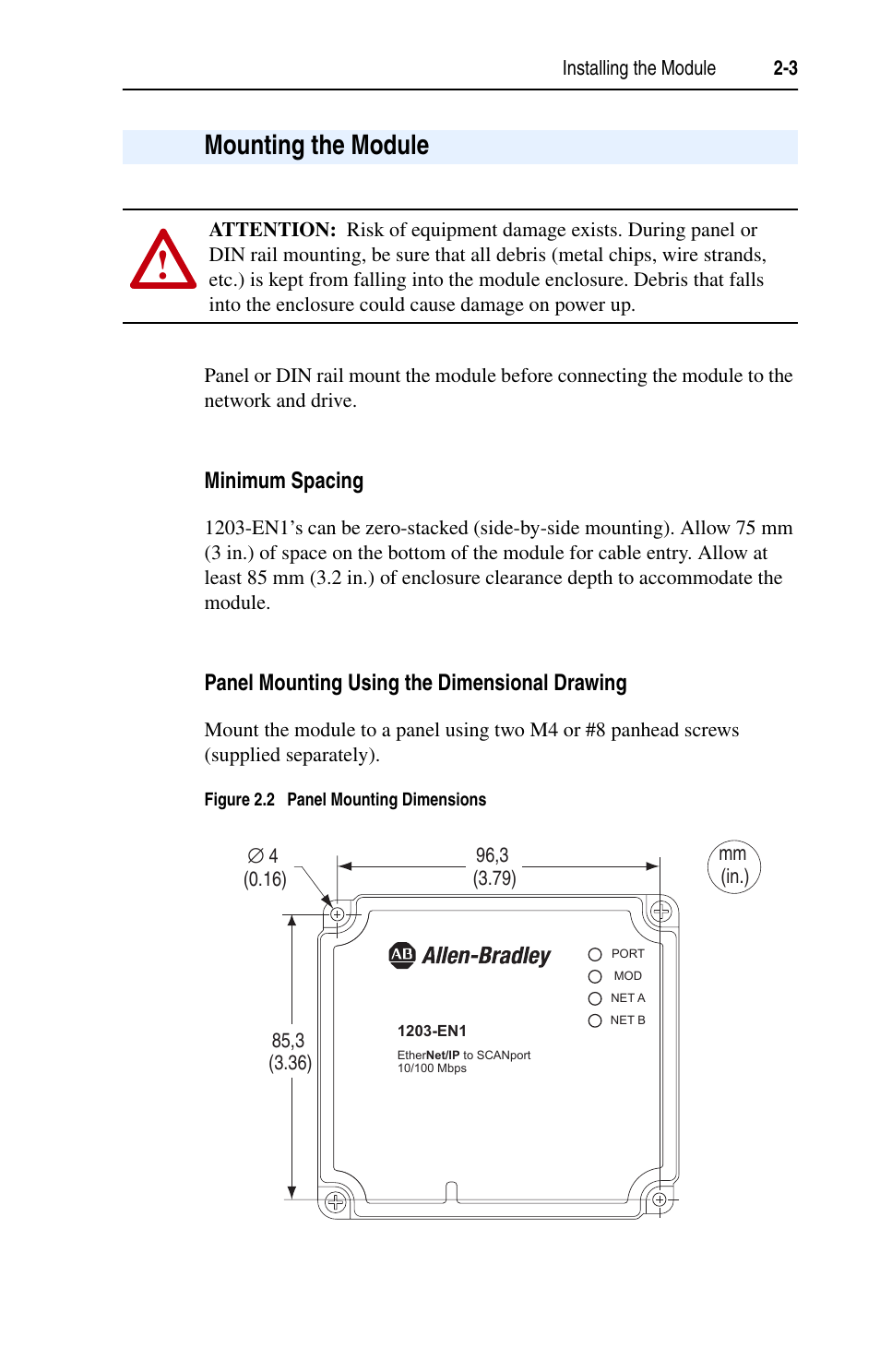 Mounting the module, Minimum spacing, Panel mounting using the dimensional drawing | Mounting the module -3 | Rockwell Automation 1203-EN1 EtherNet/IP-to-SCANport Module User Manual | Page 21 / 186