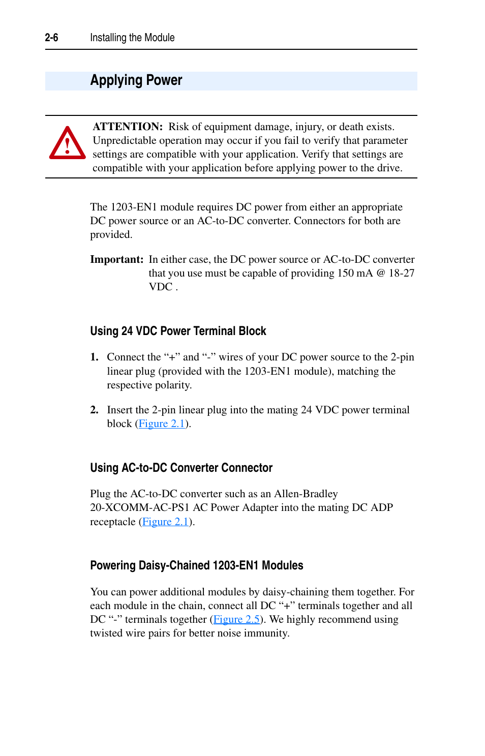 Applying power, Using 24 vdc power terminal block, Using ac-to-dc converter connector | Powering daisy-chained 1203-en1 modules, Applying power -6 | Rockwell Automation 1203-EN1 EtherNet/IP-to-SCANport Module User Manual | Page 24 / 186