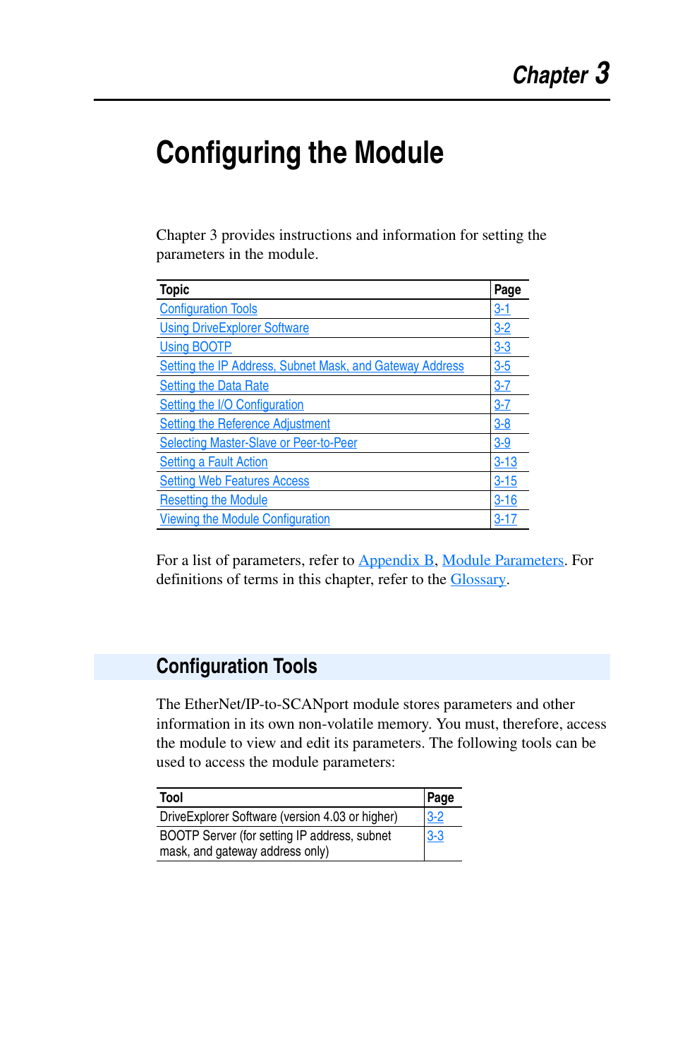 Chapter 3, Configuring the module, Configuration tools | Configuration tools -1, Configuring, The module, For details, 3configuring the module, Chapter | Rockwell Automation 1203-EN1 EtherNet/IP-to-SCANport Module User Manual | Page 27 / 186