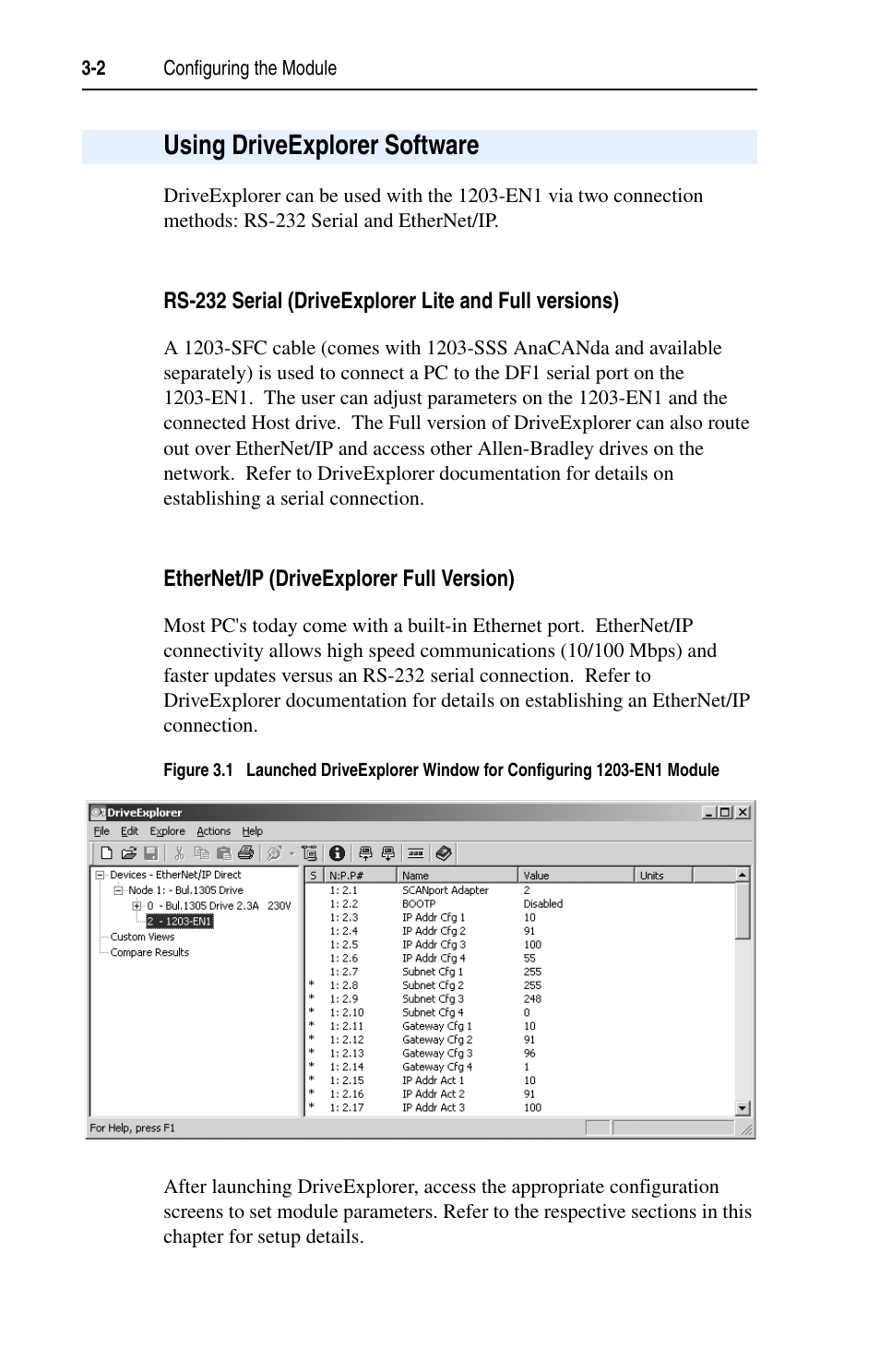 Using driveexplorer software, Ethernet/ip (driveexplorer full version), Using driveexplorer software -2 | Rockwell Automation 1203-EN1 EtherNet/IP-to-SCANport Module User Manual | Page 28 / 186