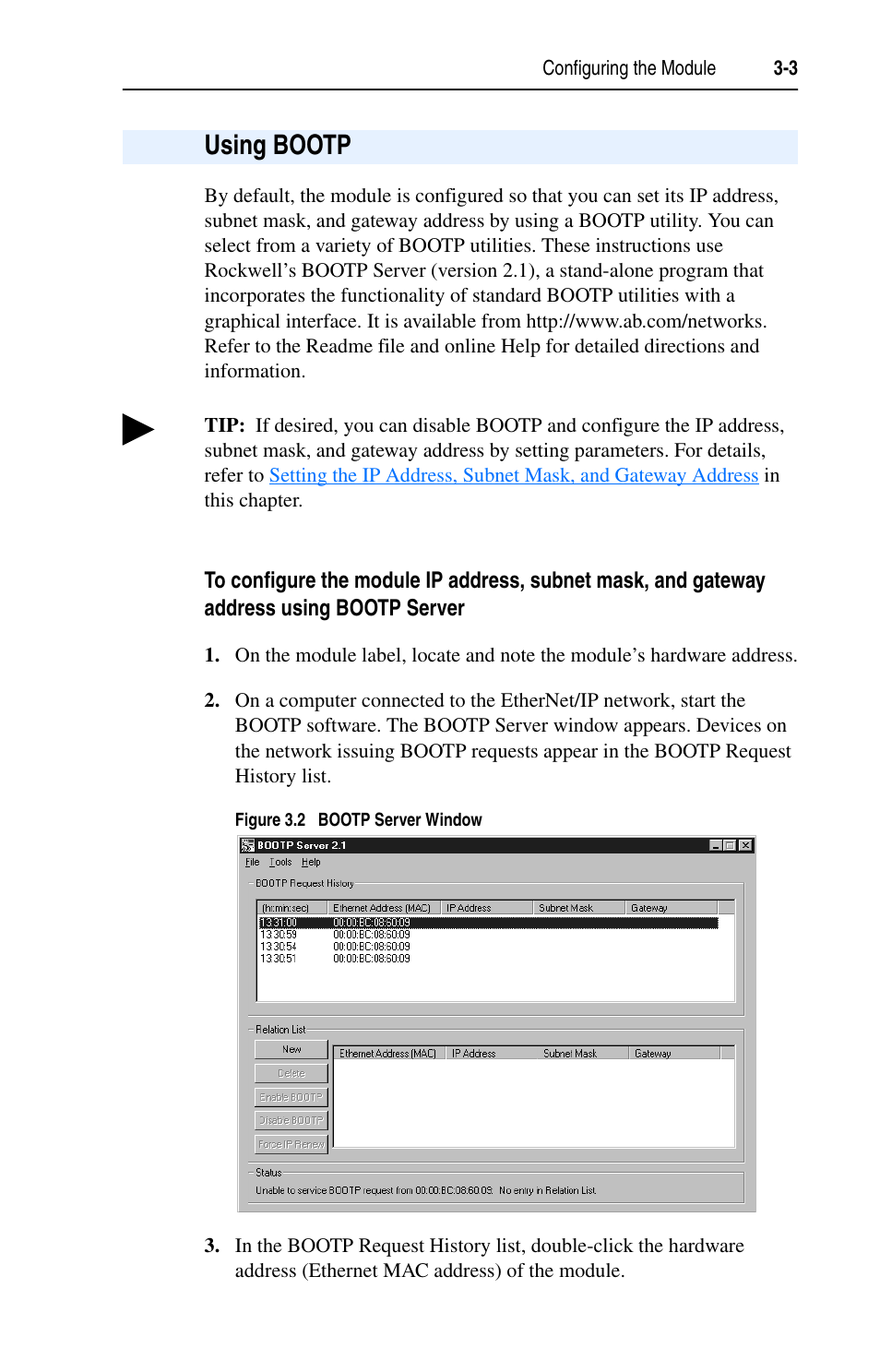 Using bootp, Using bootp -3 | Rockwell Automation 1203-EN1 EtherNet/IP-to-SCANport Module User Manual | Page 29 / 186