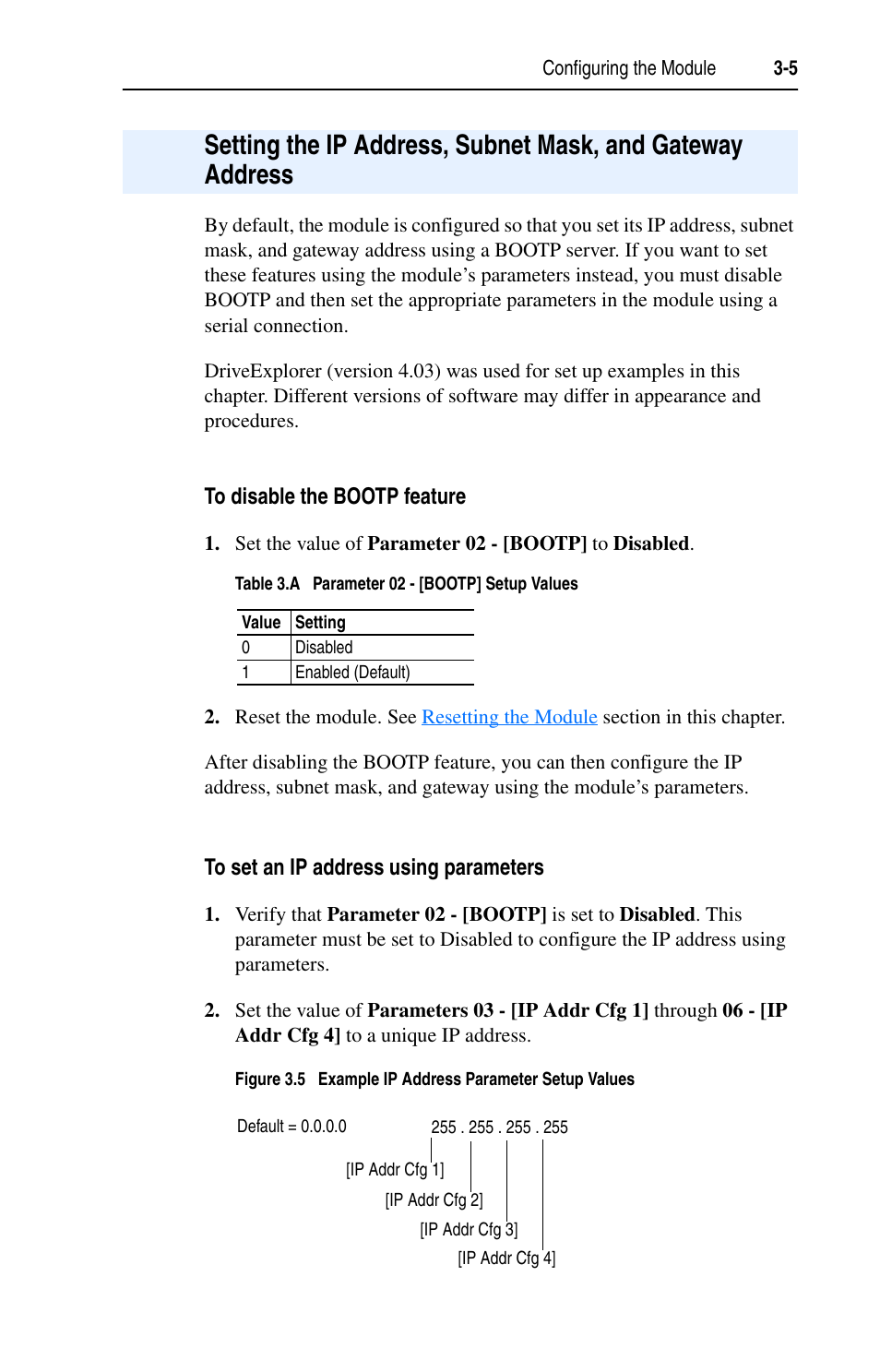 To disable the bootp feature, To set an ip address using parameters | Rockwell Automation 1203-EN1 EtherNet/IP-to-SCANport Module User Manual | Page 31 / 186