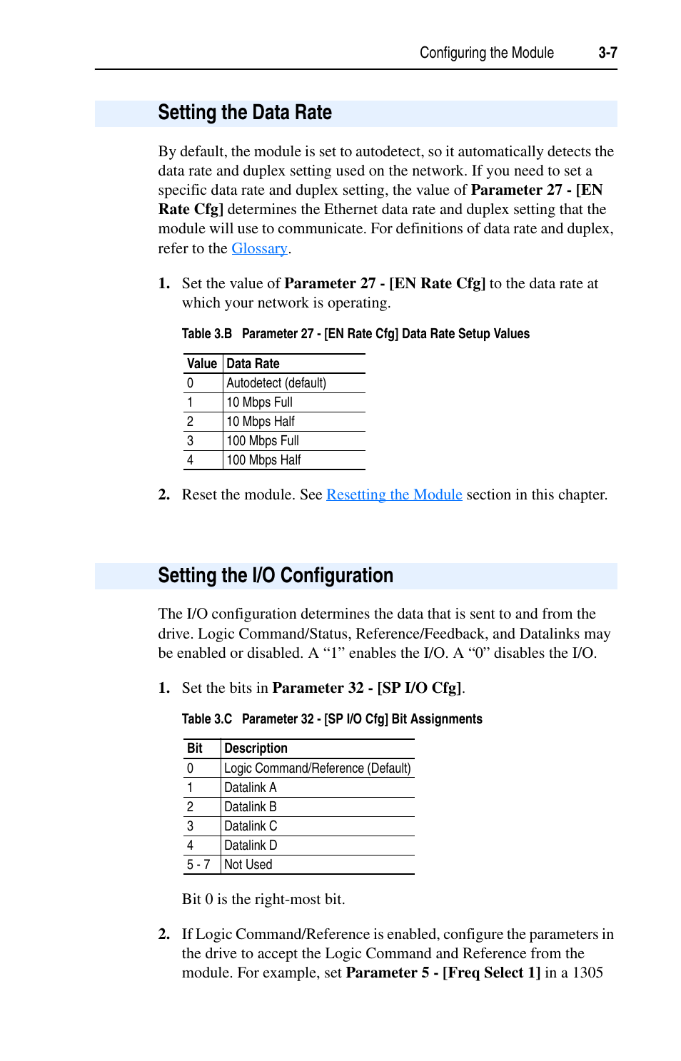 Setting the data rate, Setting the i/o configuration | Rockwell Automation 1203-EN1 EtherNet/IP-to-SCANport Module User Manual | Page 33 / 186