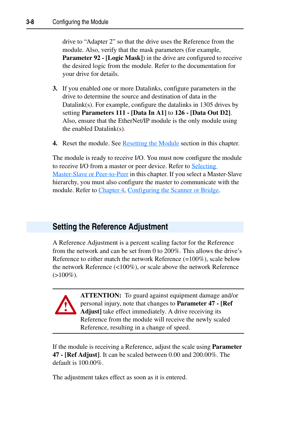 Setting the reference adjustment, Setting the reference adjustment -8 | Rockwell Automation 1203-EN1 EtherNet/IP-to-SCANport Module User Manual | Page 34 / 186