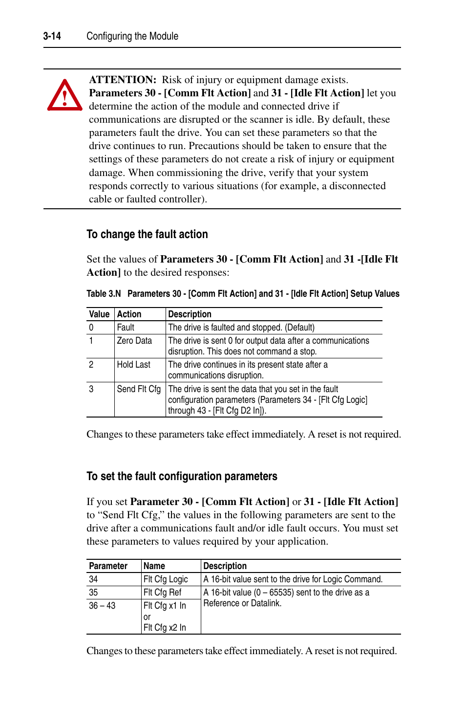 To change the fault action, To set the fault configuration parameters | Rockwell Automation 1203-EN1 EtherNet/IP-to-SCANport Module User Manual | Page 40 / 186