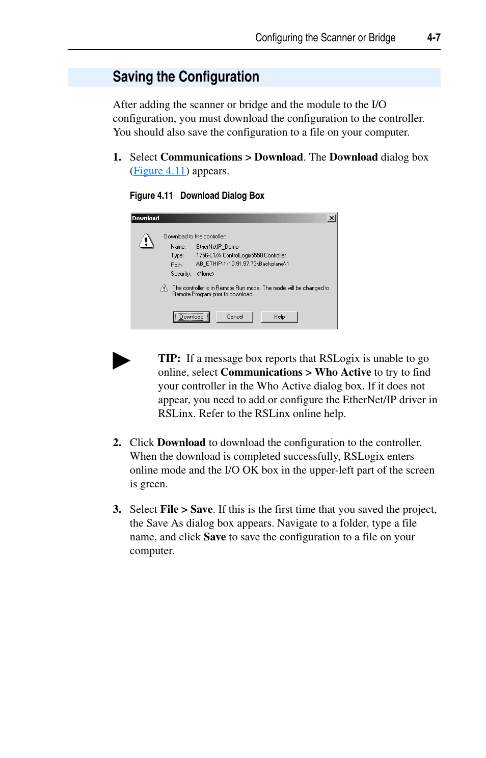 Saving the configuration, Saving the configuration -7 | Rockwell Automation 1203-EN1 EtherNet/IP-to-SCANport Module User Manual | Page 51 / 186