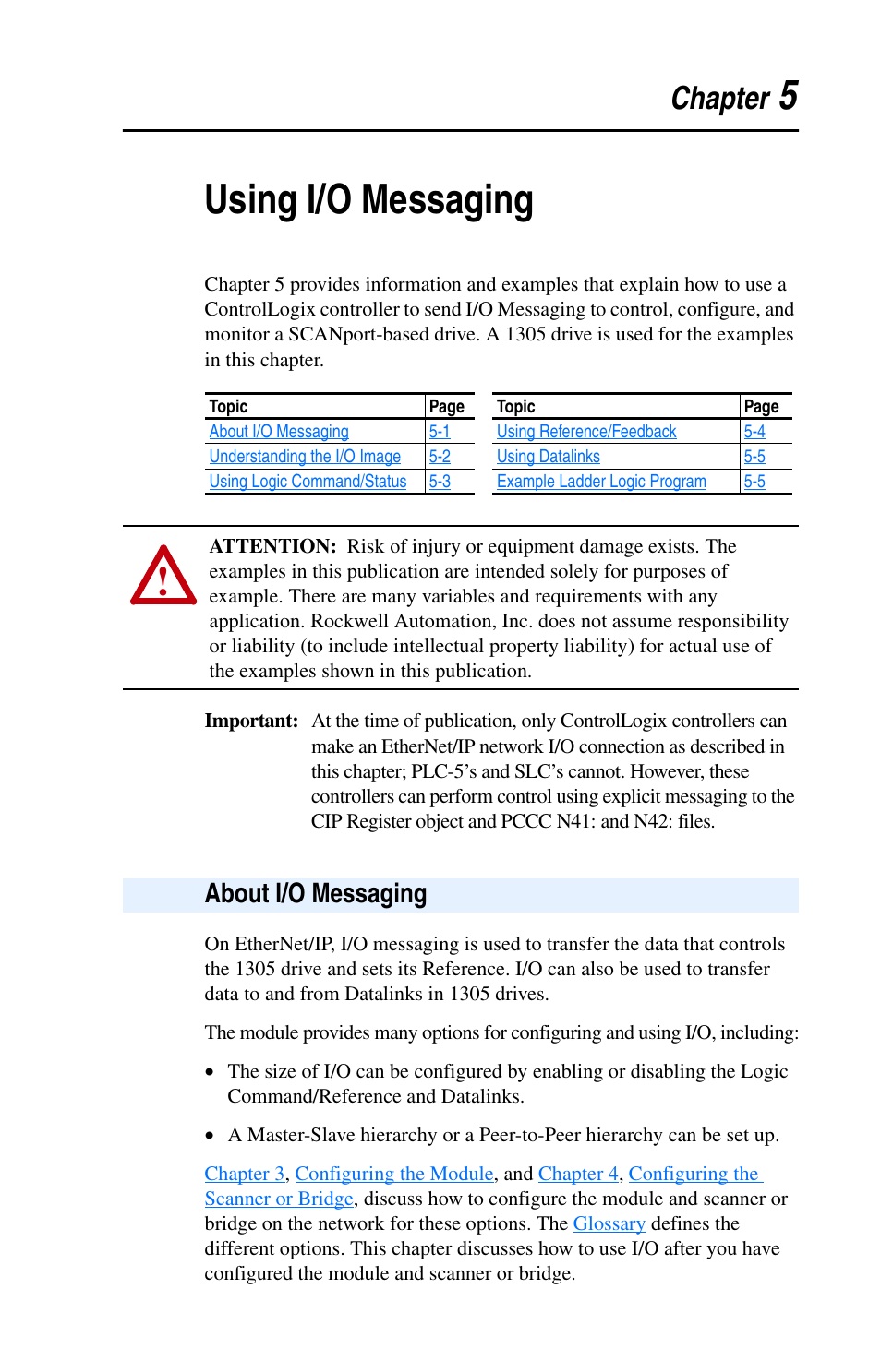 Chapter 5, Using i/o messaging, About i/o messaging | About i/o messaging -1, 5using i/o messaging, Chapter | Rockwell Automation 1203-EN1 EtherNet/IP-to-SCANport Module User Manual | Page 53 / 186