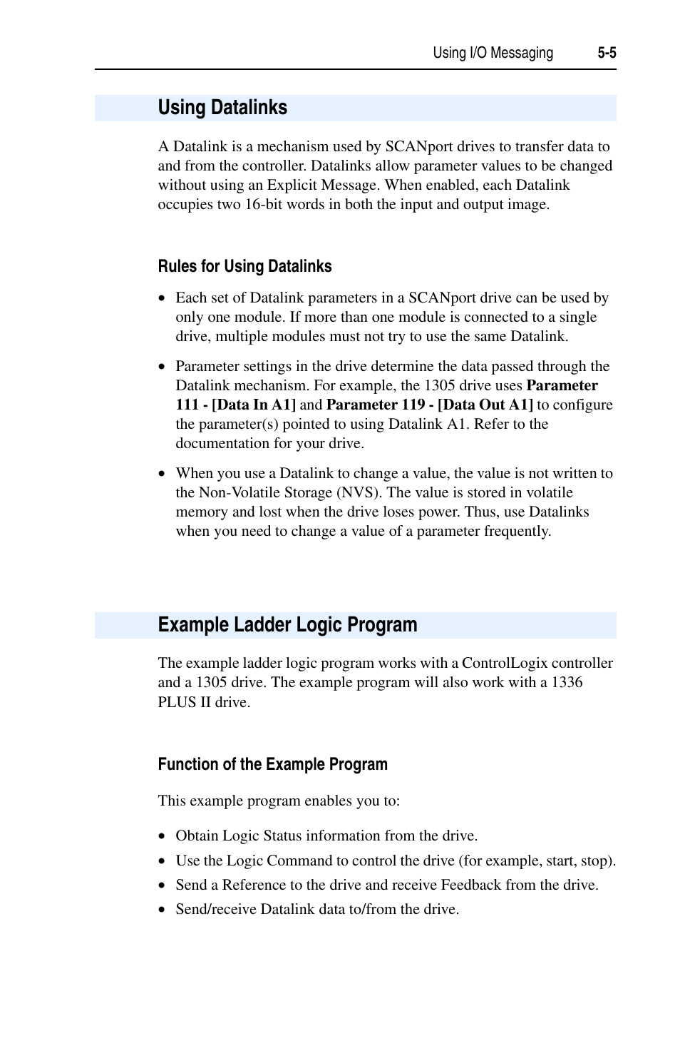 Using datalinks, Rules for using datalinks, Example ladder logic program | Function of the example program, Using datalinks -5 example ladder logic program -5, Using datalinks example ladder logic program | Rockwell Automation 1203-EN1 EtherNet/IP-to-SCANport Module User Manual | Page 57 / 186