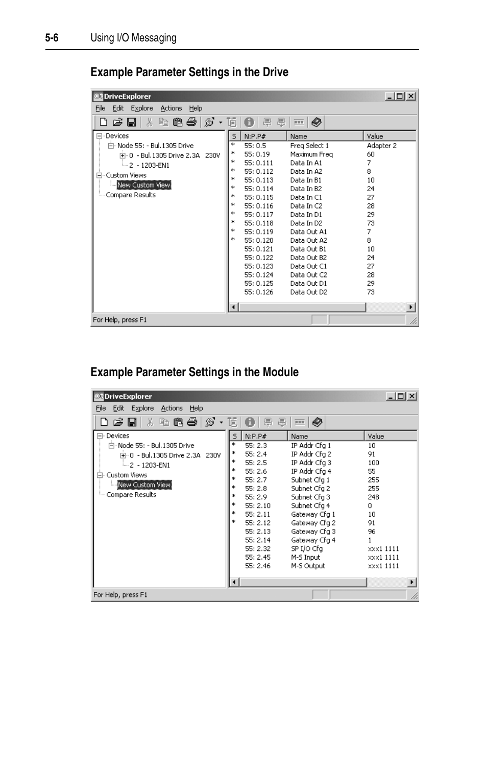 Example parameter settings in the drive, Example parameter settings in the module | Rockwell Automation 1203-EN1 EtherNet/IP-to-SCANport Module User Manual | Page 58 / 186