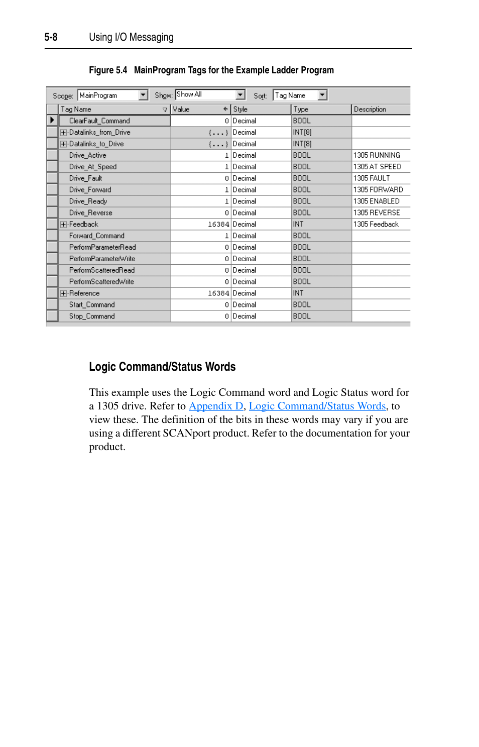 Logic command/status words | Rockwell Automation 1203-EN1 EtherNet/IP-to-SCANport Module User Manual | Page 60 / 186