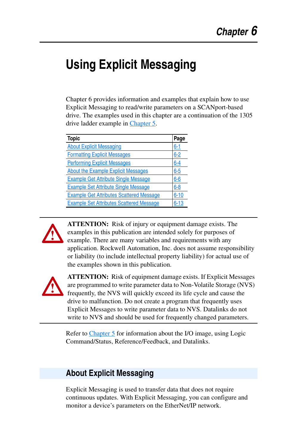 Chapter 6, Using explicit messaging, About explicit messaging | About explicit messaging -1, 6using explicit messaging, Chapter | Rockwell Automation 1203-EN1 EtherNet/IP-to-SCANport Module User Manual | Page 65 / 186