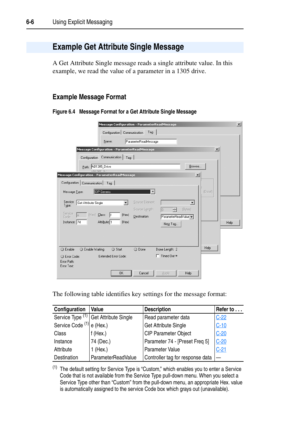 Example get attribute single message, Example message format, Example get attribute single message -6 | Rockwell Automation 1203-EN1 EtherNet/IP-to-SCANport Module User Manual | Page 70 / 186