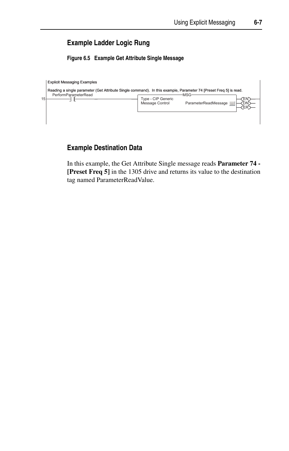 Example ladder logic rung, Example destination data, Using explicit messaging 6-7 | Figure 6.5 example get attribute single message | Rockwell Automation 1203-EN1 EtherNet/IP-to-SCANport Module User Manual | Page 71 / 186