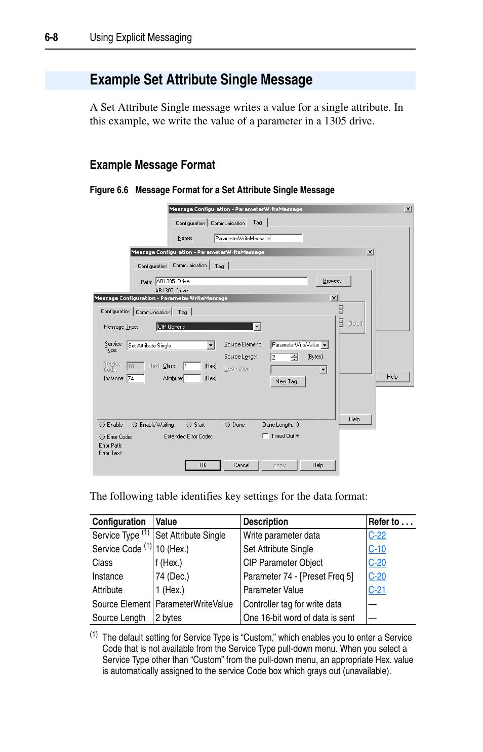 Example set attribute single message, Example message format, Example set attribute single message -8 | Rockwell Automation 1203-EN1 EtherNet/IP-to-SCANport Module User Manual | Page 72 / 186