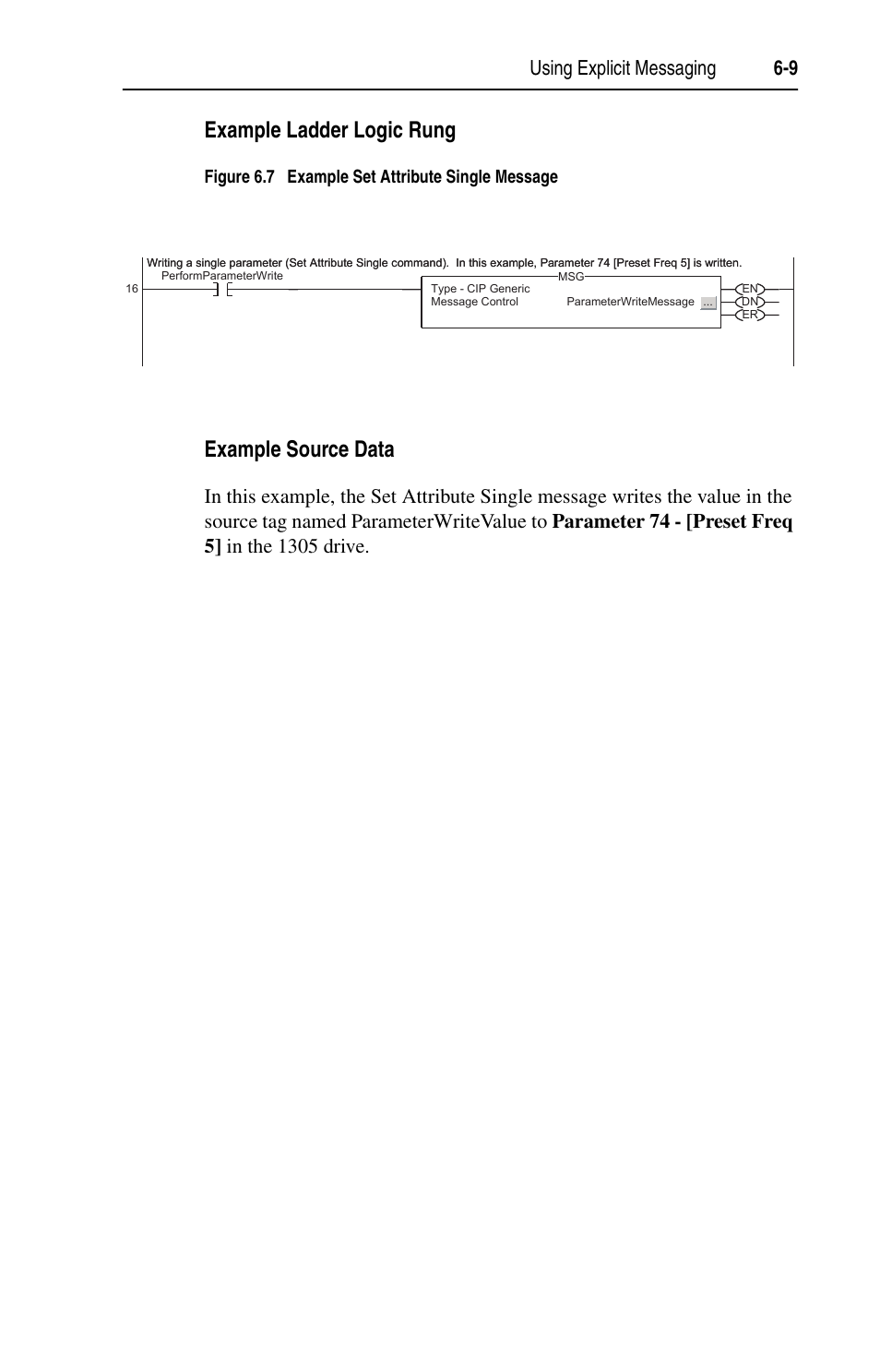 Example ladder logic rung, Example source data, Using explicit messaging 6-9 | Rockwell Automation 1203-EN1 EtherNet/IP-to-SCANport Module User Manual | Page 73 / 186