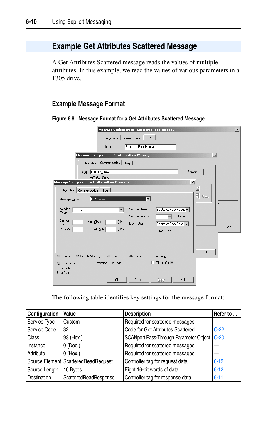 Example get attributes scattered message, Example message format, Example get attributes scattered message -10 | Rockwell Automation 1203-EN1 EtherNet/IP-to-SCANport Module User Manual | Page 74 / 186