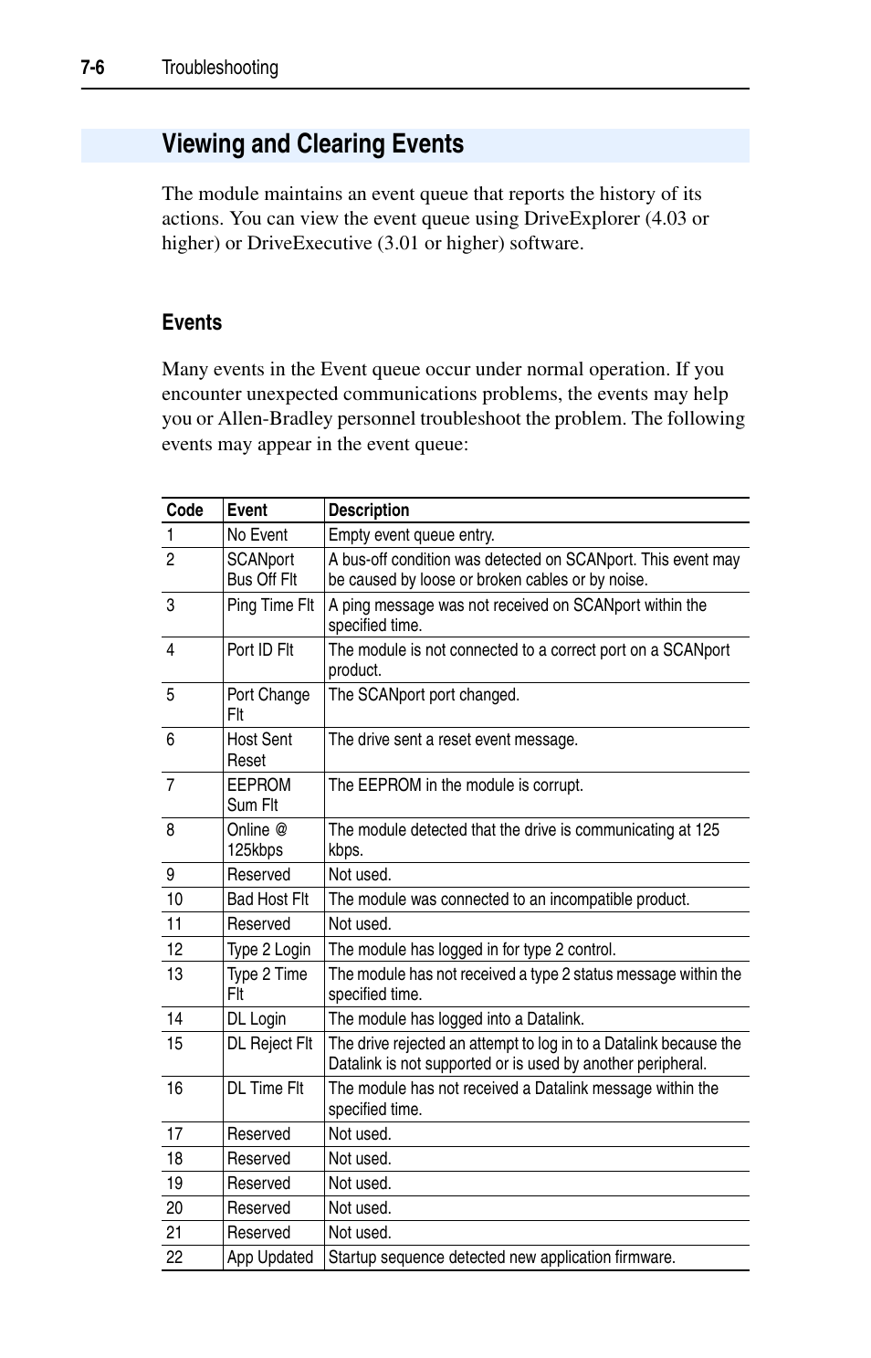 Viewing and clearing events, Events, Viewing and clearing events -6 | Rockwell Automation 1203-EN1 EtherNet/IP-to-SCANport Module User Manual | Page 86 / 186