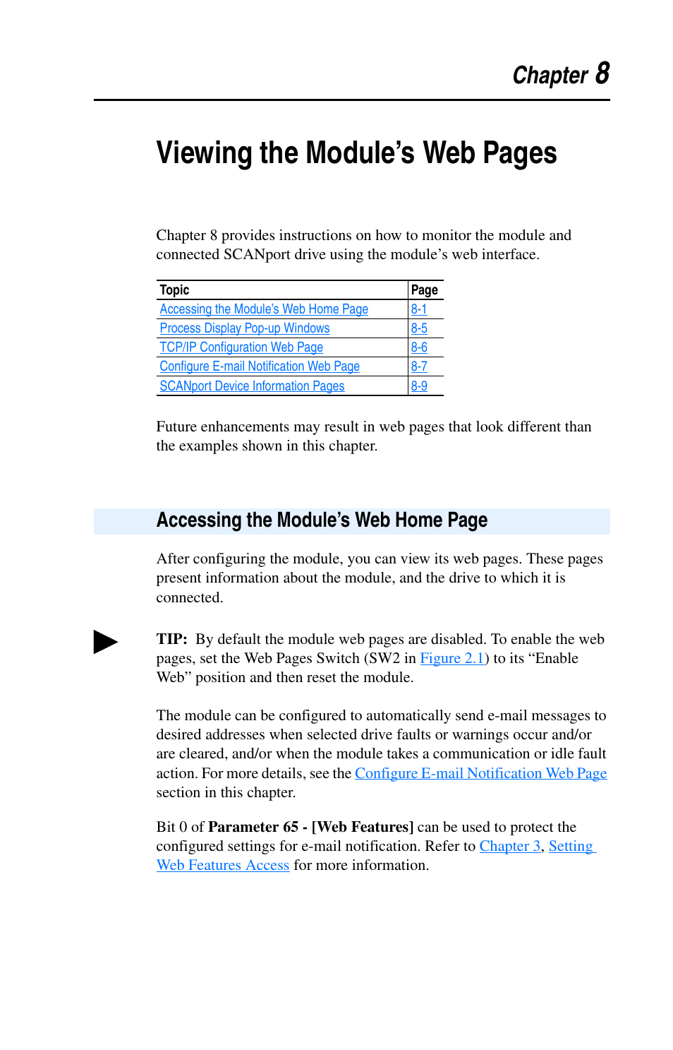 Chapter 8, Viewing the module’s web, 8viewing the module’s web pages | Chapter, Accessing the module’s web home page | Rockwell Automation 1203-EN1 EtherNet/IP-to-SCANport Module User Manual | Page 89 / 186