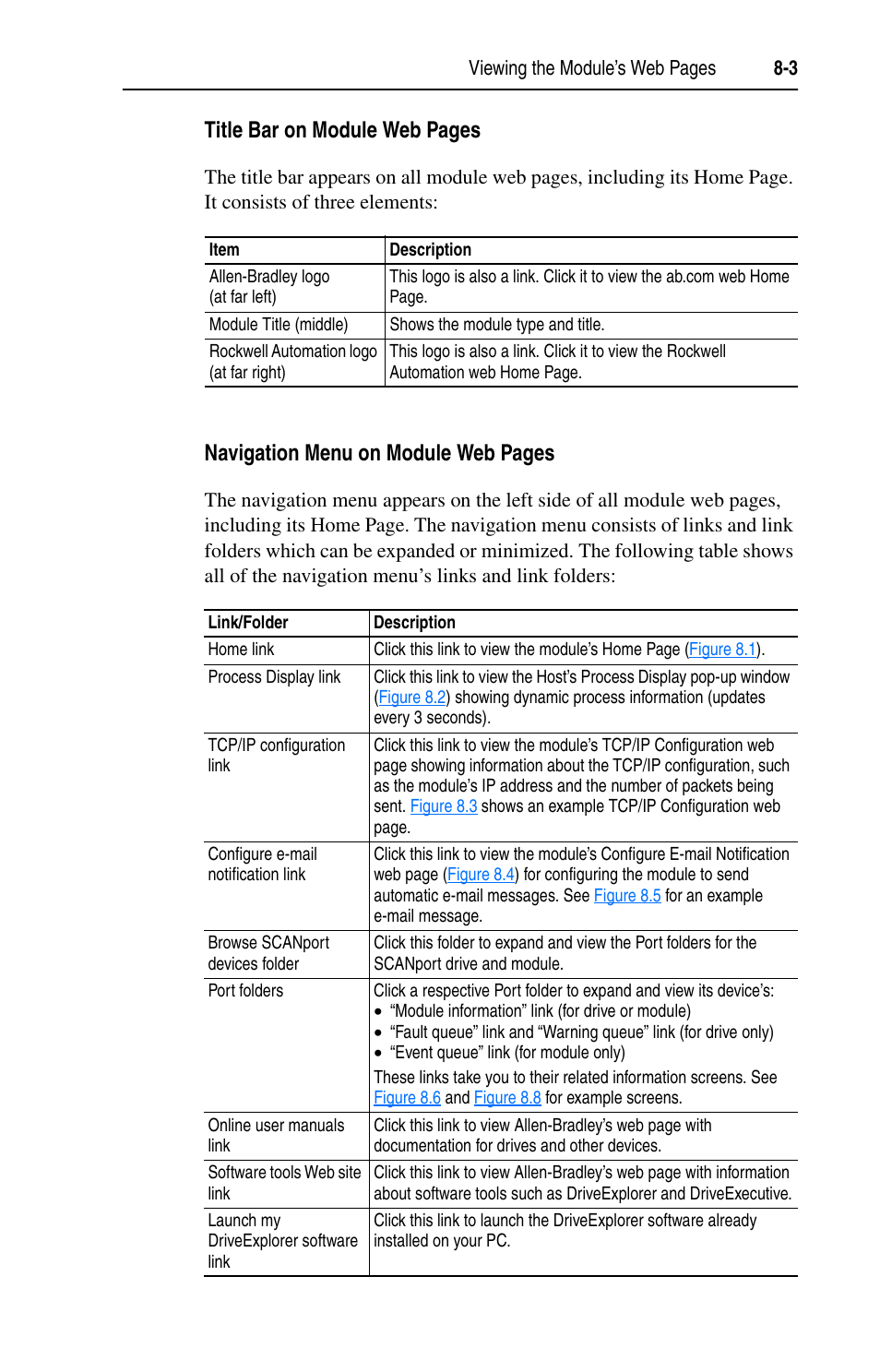 Title bar on module web pages, Navigation menu on module web pages | Rockwell Automation 1203-EN1 EtherNet/IP-to-SCANport Module User Manual | Page 91 / 186