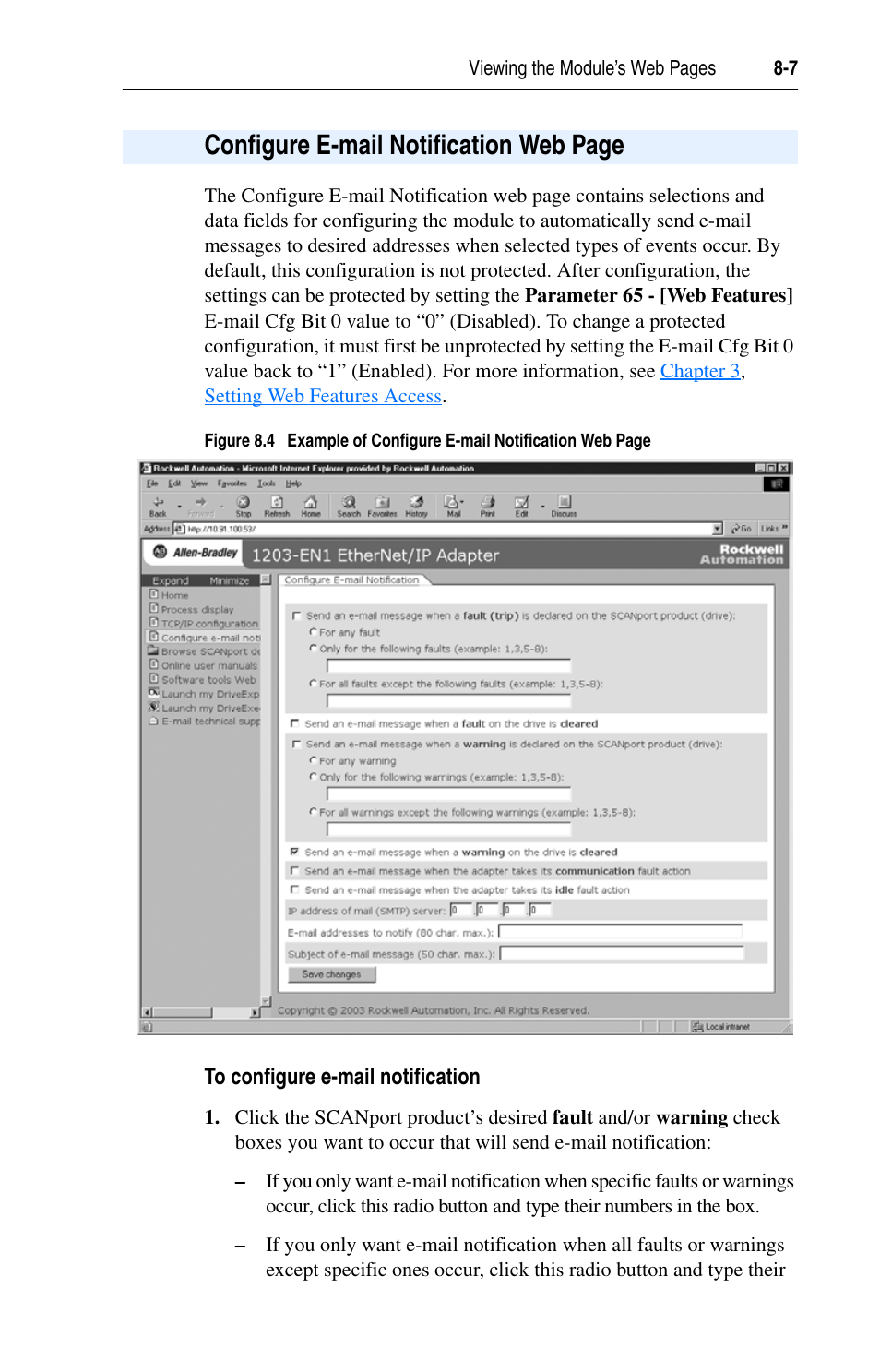 To configure e-mail notification, Figure 8.4, Configure e-mail notification web page | Rockwell Automation 1203-EN1 EtherNet/IP-to-SCANport Module User Manual | Page 95 / 186