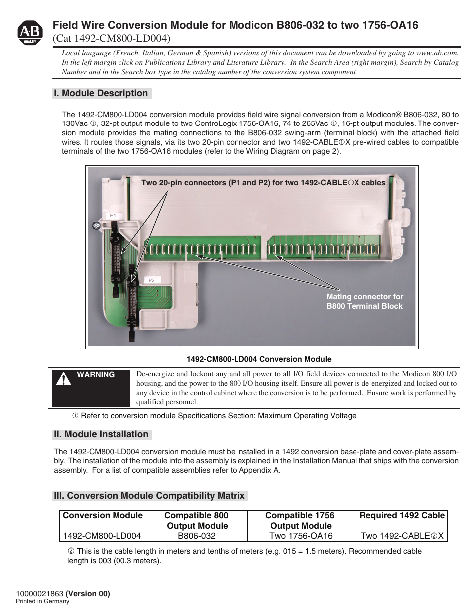 Rockwell Automation 1492-CM800-LD004 Field Wire Conv. Module for Modicon B806-032 to 1756-OA16 User Manual | 4 pages