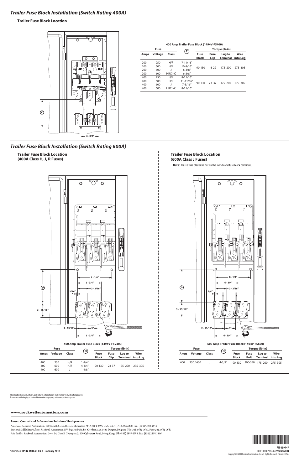 Rockwell Automation 1494V-FS30, -FS60, -FS100, -FS200, -FS400, -FSV400, -FS600 Fuse Blocks User Manual | Page 2 / 2