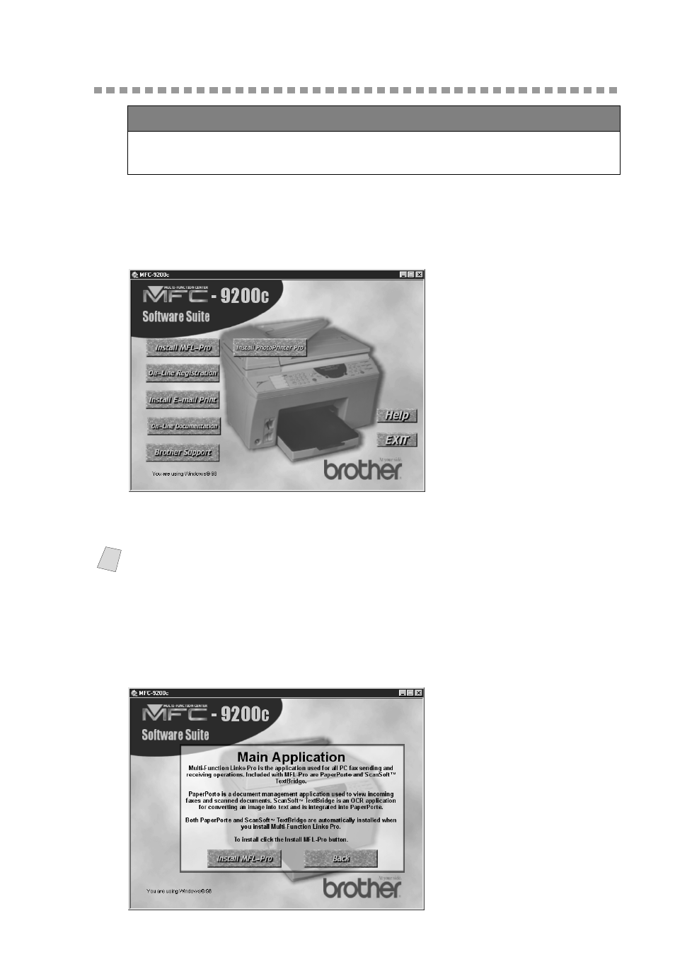 Installing the brother software, Installing the brother software -27, To install multi-function link | Pro (main, Application): -27, Pro (main application): 2 | Brother MFC 9200C User Manual | Page 139 / 244