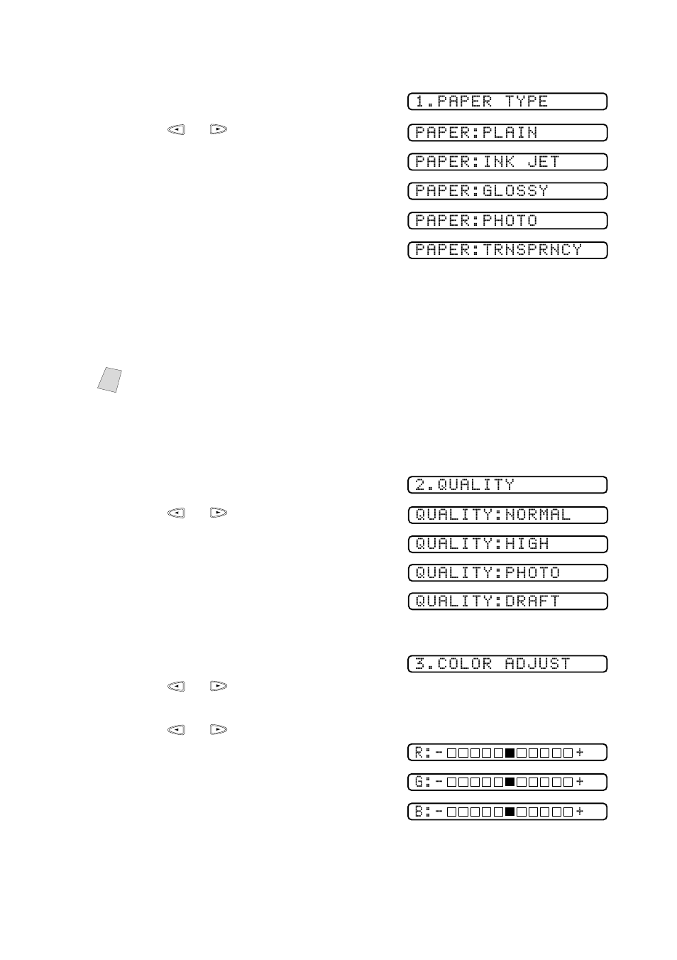 Paper type, Copy quality, Color adjustment | Paper type -9 copy quality -9 color adjustment -9, Paper type 1, Copy quality 1, Color adjustment 1 | Brother MFC 9200C User Manual | Page 93 / 244
