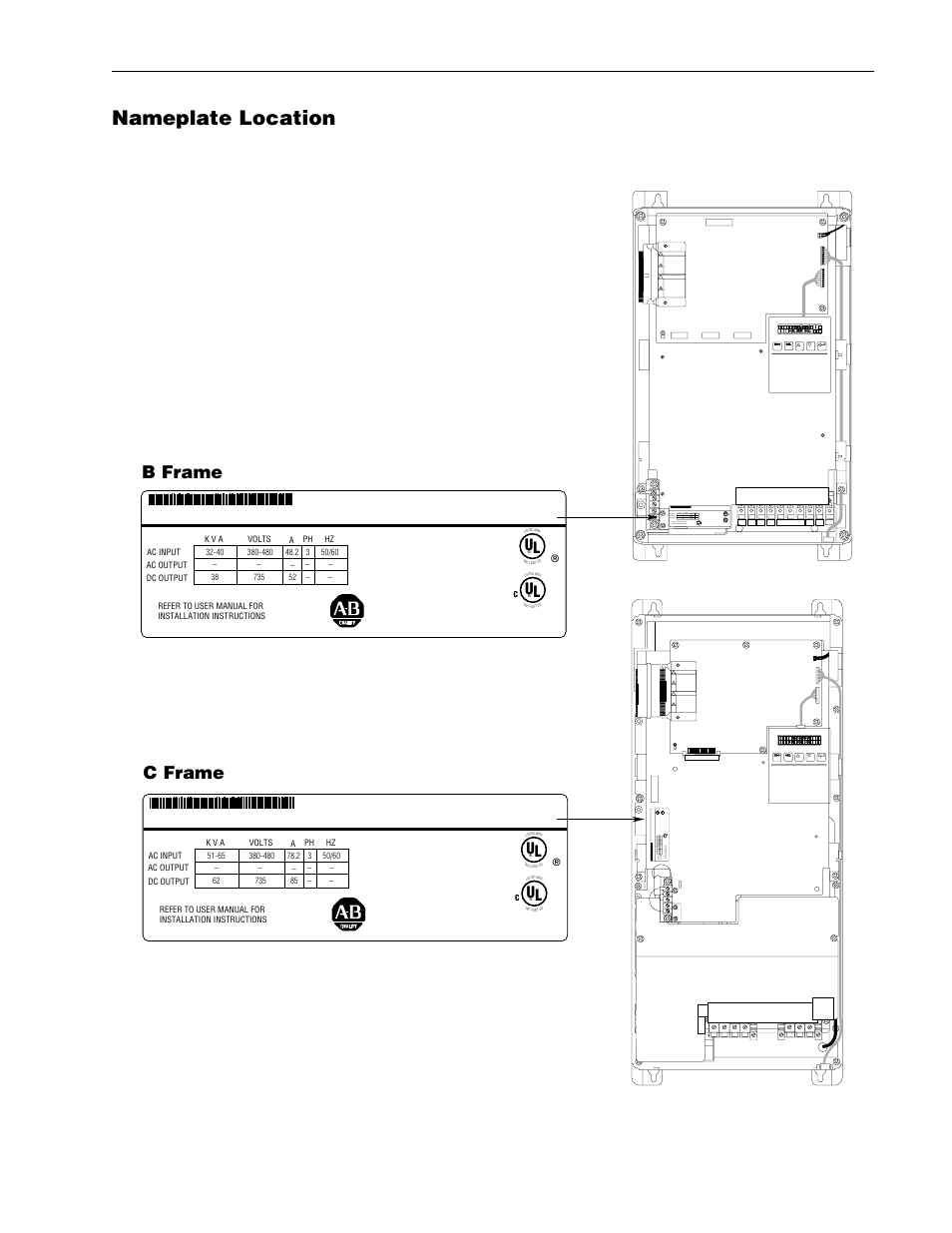 Nameplate location, 1336regen b and c frame converter -5, 1336regen b and c frame converter b frame c frame | Line regeneration package overview 1–5 | Rockwell Automation 1336R REGEN LINE REG User Manual | Page 11 / 128