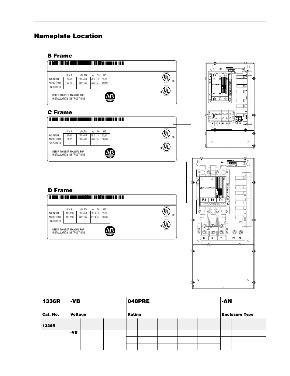 1336regen b, c and d frame precharge unit -7, Nameplate location, 1336regen b, c and d frame precharge unit | B frame, C frame d frame, Line regeneration package overview 1–7, Risk of shock replace after servicing | Rockwell Automation 1336R REGEN LINE REG User Manual | Page 13 / 128