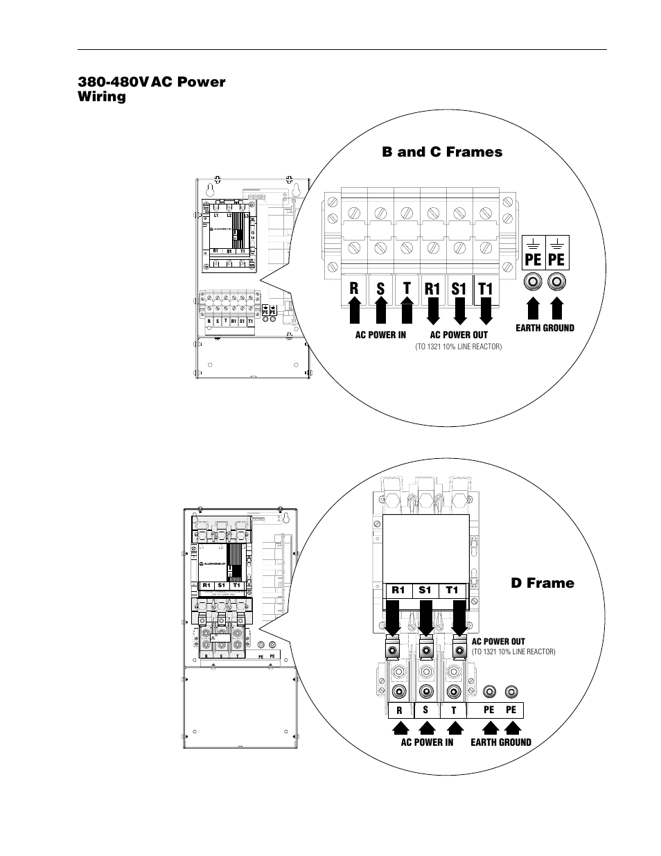 Precharge -8, Rpe pe s t r1 s1 t1, 480vac power wiring | B and c frames, D frame, Precharge | Rockwell Automation 1336R REGEN LINE REG User Manual | Page 24 / 128